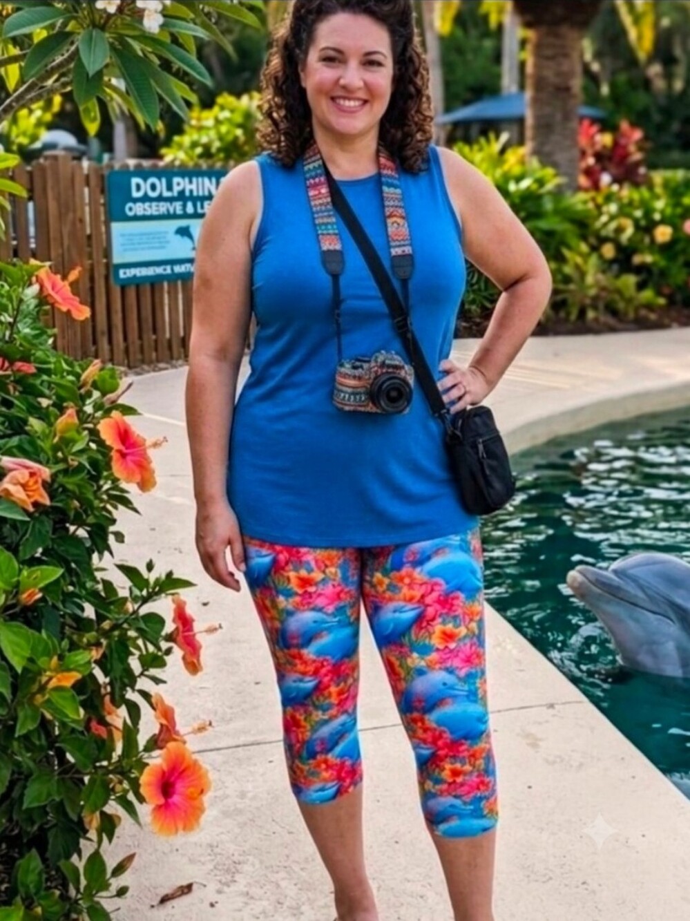 NIB Rainbow Dolphin Capris TC2 Aqua Blue Tropical Floral Capri Pocket Leggings